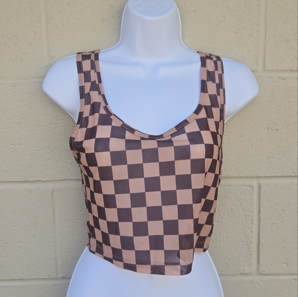 Forever 21- Checkered- Brown and Tan- Sheer- Crop Top- Size Large